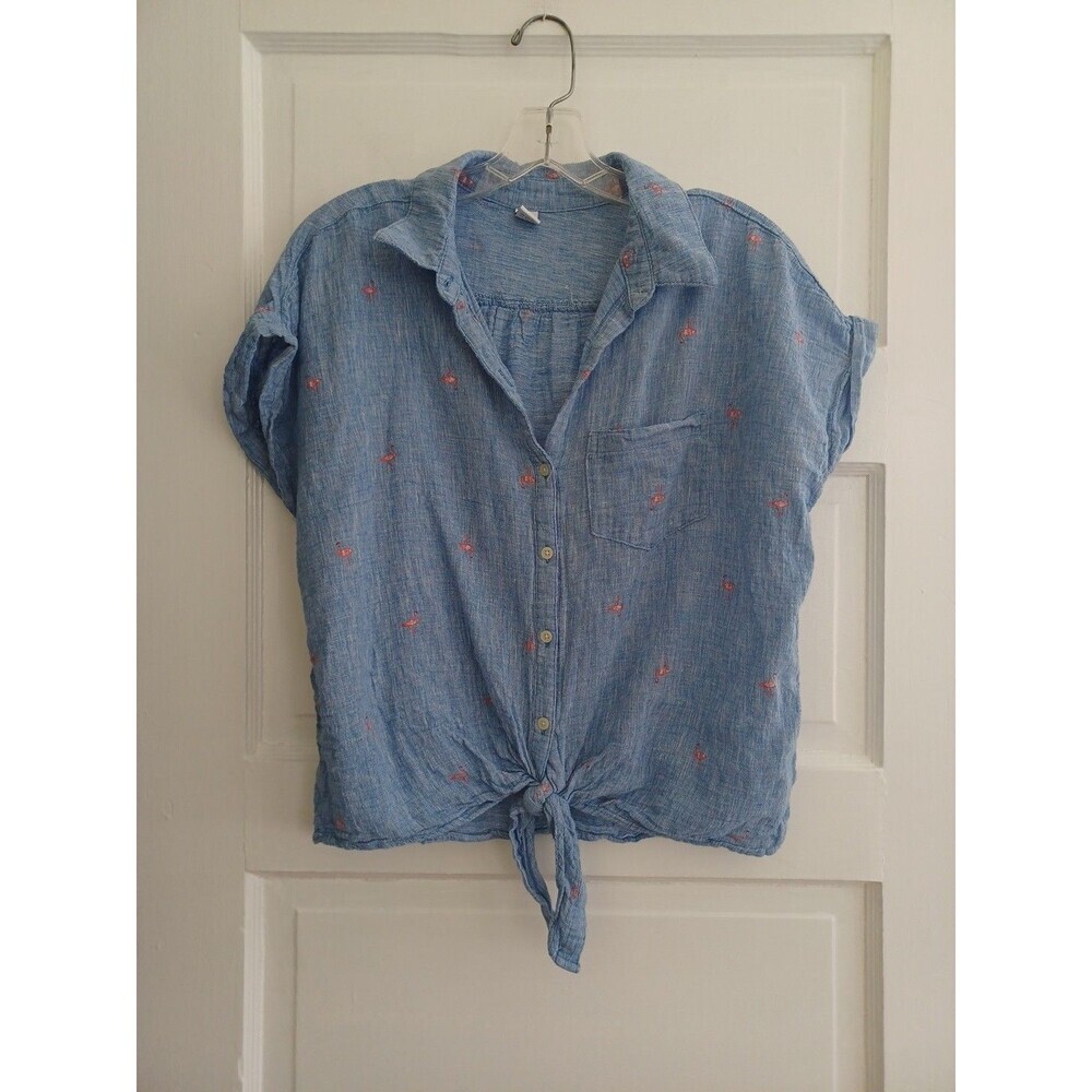 Old Navy flamingo tie-front camp shirt womens L blue linenblend top Dirty Dancin